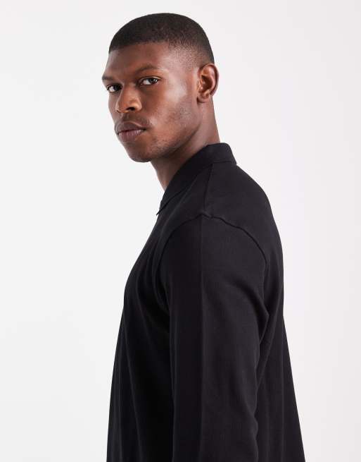 JJ Rebel long sleeve textured polo in black, 4 of 5