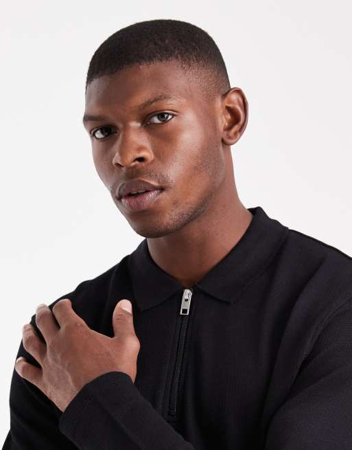 JJ Rebel long sleeve textured polo in black, 5 of 5