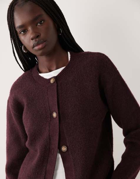 JJ Rebel long sleeved knitted cardigan in burgandy - view 1