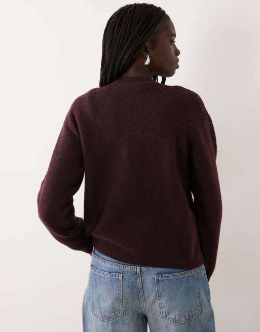 JJ Rebel long sleeved knitted cardigan in burgandy, 3 of 4