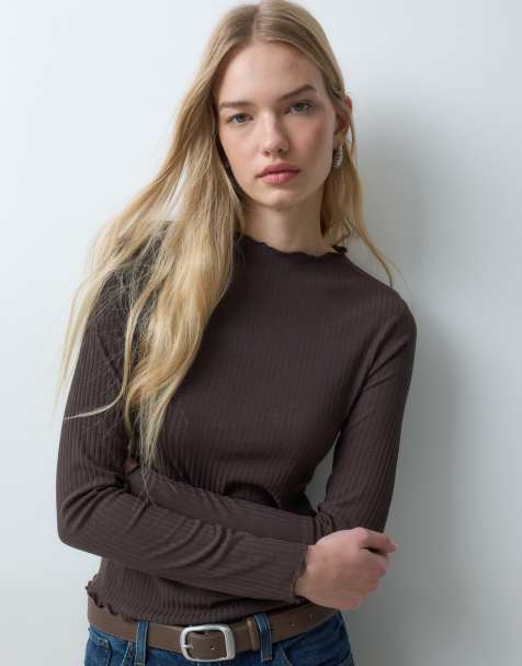 JJ Rebel long sleeved lettuce hem top in brown - view 1