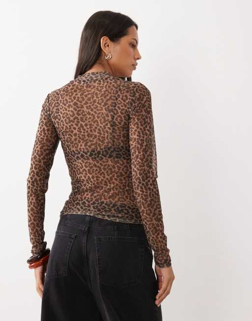 JJ Rebel long sleeved mesh leopard print top in beige, 4 of 4