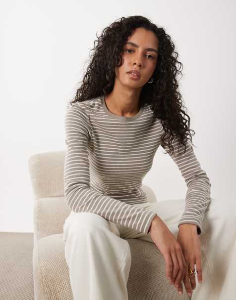 JJ Rebel long sleeved stripped top in beige & white - view 1