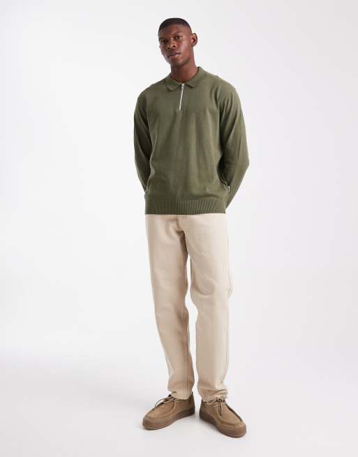 JJ Rebel - Maglione kaki stile polo con zip corta, 2 di 5
