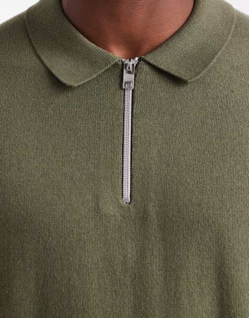 JJ Rebel - Maglione kaki stile polo con zip corta, 5 di 5