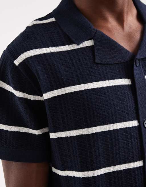 JJ Rebel – Marinblå, stickad skjorta med ränder och knäppning, 4 av 5