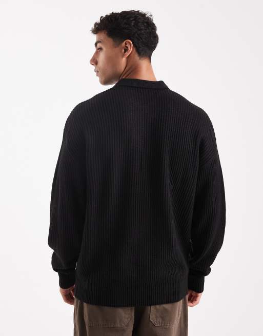 JJ Rebel oversize knit polo in black, 3 of 5