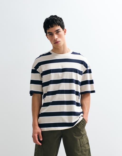 JJ Rebel oversized t-shirt in off white and navy stripes, 3 of 7