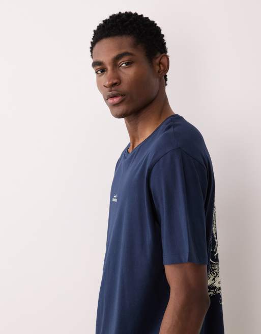 JJ Rebel oversized t-shirt with location back print in navy, 4 of 5