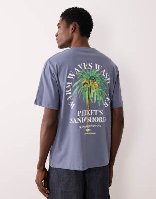 Jj Rebel Oversized T-shirt With Palm Tree Back Print In Gray
