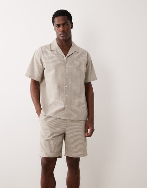 JJ Rebel - Pantaloncini in seersucker beige a righe in coordinato - view 1