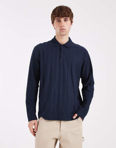 JJ Rebel - Polo met textuur en lange mouwen in marineblauw - view 1