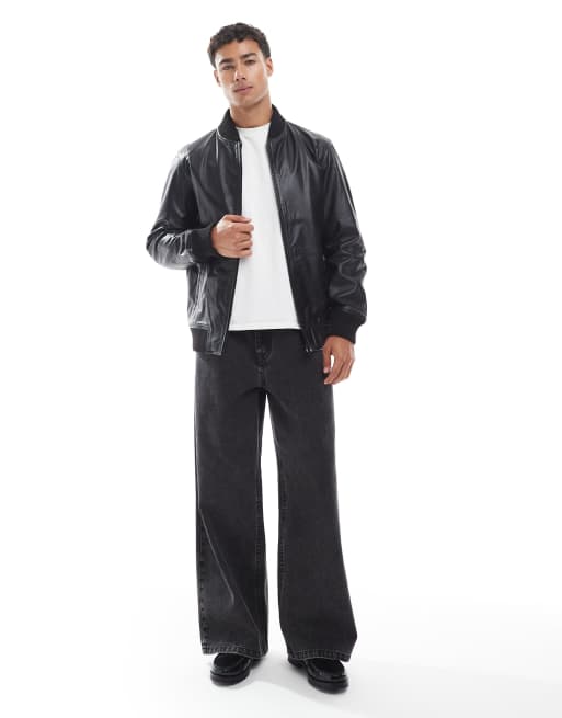 JJ Rebel real leather bomber jacket in black