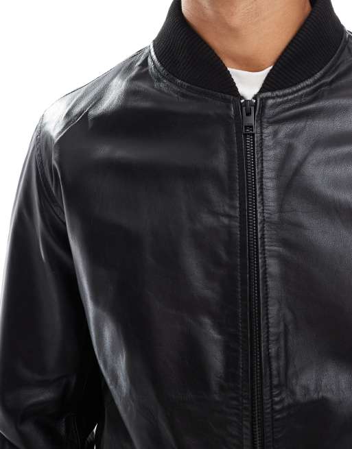 JJ Rebel real leather bomber jacket in black