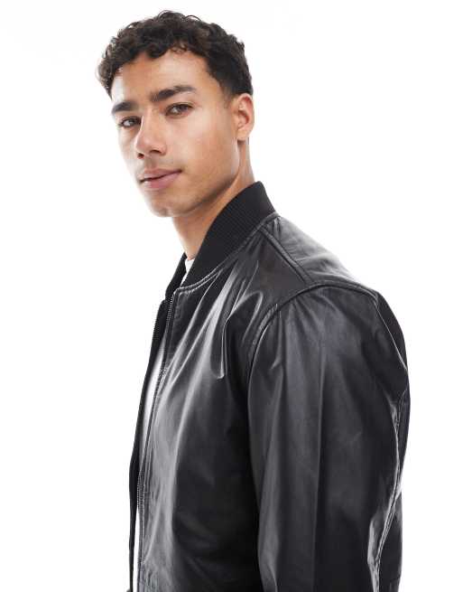 JJ Rebel real leather bomber jacket in black