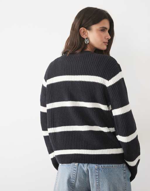 JJ Rebel regular-fit gebreide gestreepte trui in navy, 4 van 4