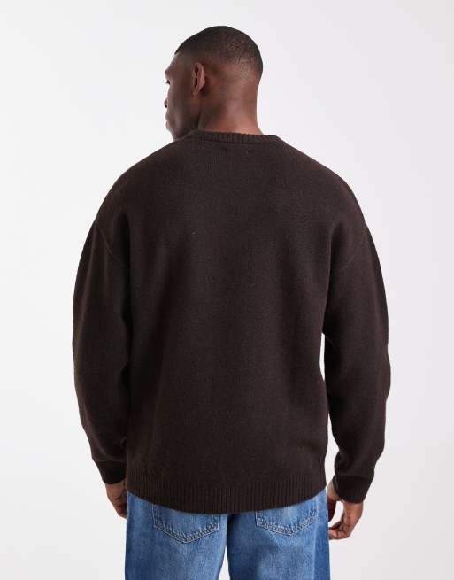 JJ Rebel relaxed fit fluffy crew neck jumper in dark brown, 3 of 5