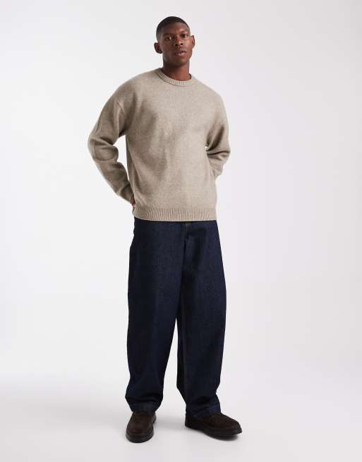 JJ Rebel relaxed fit fluffy crew neck sweater in beige