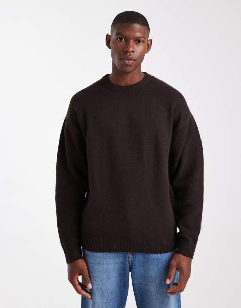 JJ Rebel relaxed fit fluffy crew neck sweater in dark brown - view 1