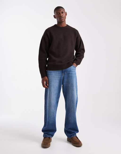 JJ Rebel relaxed fit fluffy crew neck sweater in dark brown