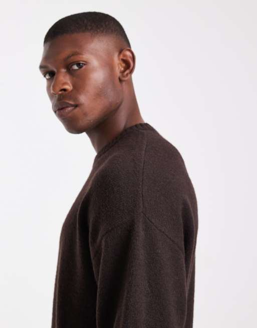 JJ Rebel relaxed fit fluffy crew neck sweater in dark brown | ASOS