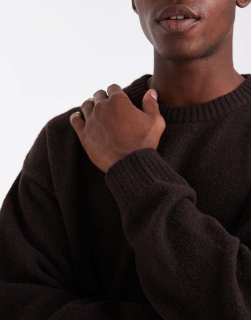 JJ Rebel relaxed fit fluffy crew neck sweater in dark brown