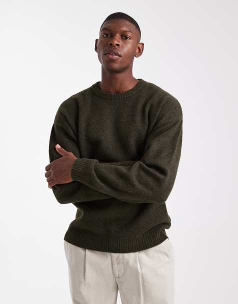 JJ Rebel relaxed fit fluffy crew neck sweater in khaki green - view 1