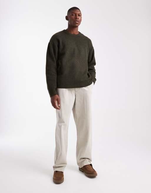 JJ Rebel relaxed fit fluffy crew neck jumper in khaki