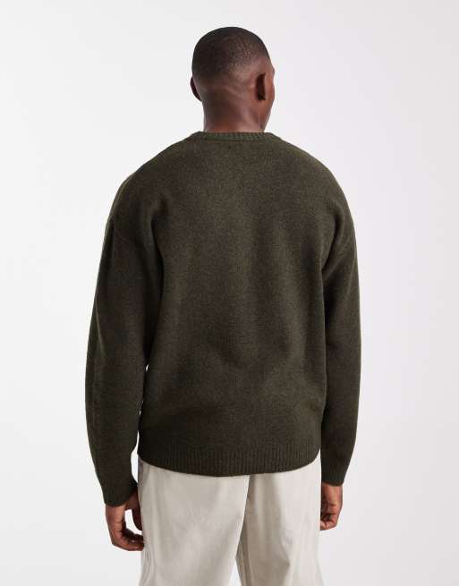 JJ Rebel relaxed fit fluffy crew neck sweater in khaki green, 3 of 5