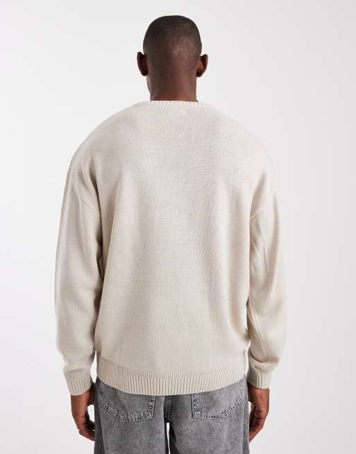 JJ Rebel relaxed fit knit crew jumper in beige, 3 of 5