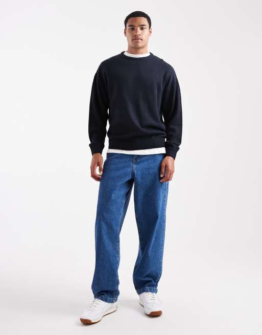 JJ Rebel relaxed fit knit crew jumper in navy, 2 of 5