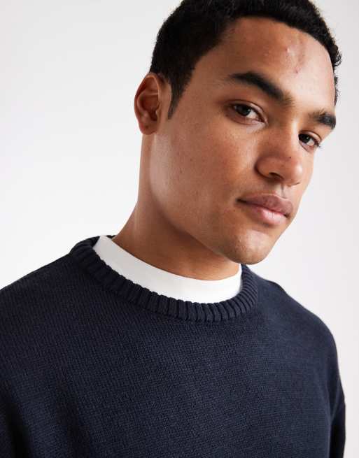 JJ Rebel relaxed fit knit crew jumper in navy, 3 of 5