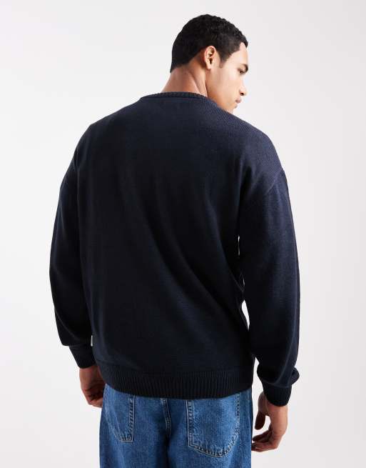JJ Rebel relaxed fit knit crew jumper in navy, 5 of 5