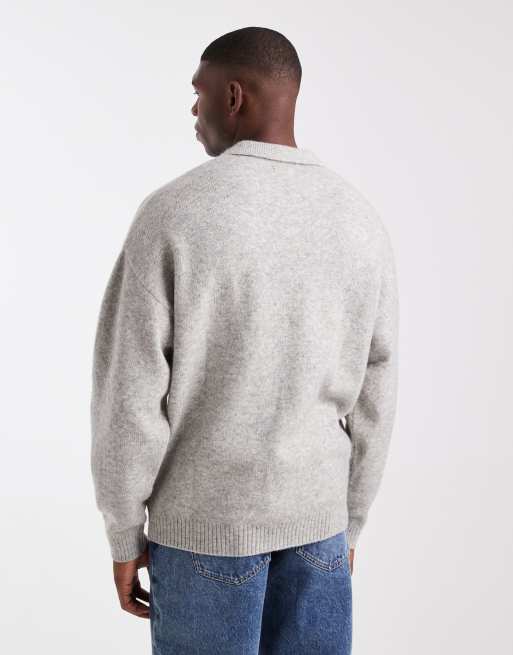 JJ Rebel relaxed fit slit neck fluffy sweater in light gray