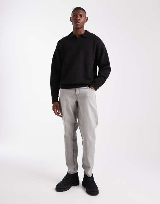 JJ Rebel relaxed fit split neck fluffy sweater in black