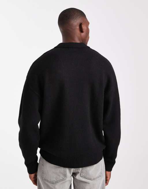 JJ Rebel relaxed fit split neck fluffy sweater in black