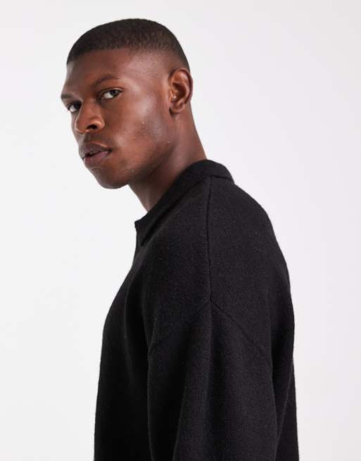 JJ Rebel relaxed fit split neck fluffy sweater in black