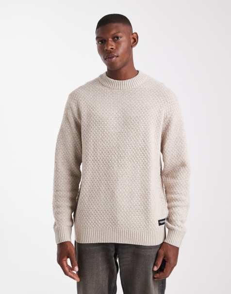 JJ Rebel relaxed fit textured crew neck jumper in beige - view 1