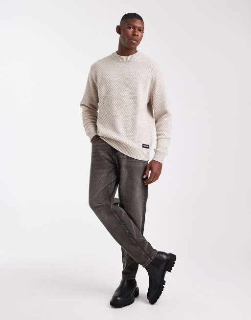 JJ Rebel relaxed fit textured crew neck jumper in beige, 2 of 5