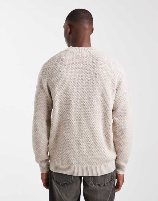 JJ Rebel relaxed fit textured crew neck jumper in beige, 3 of 5