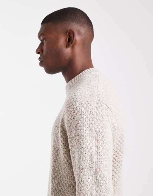 JJ Rebel relaxed fit textured crew neck jumper in beige, 4 of 5