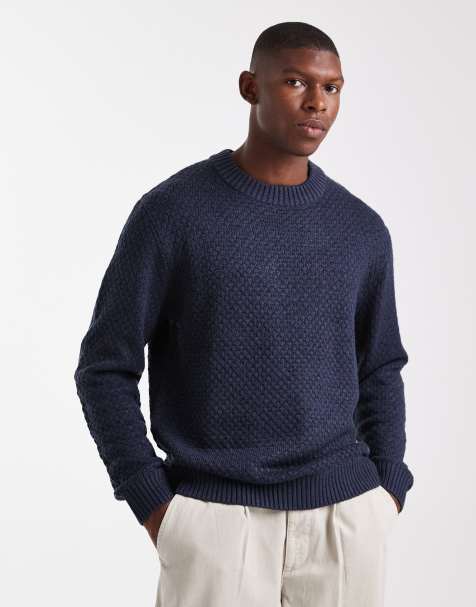JJ Rebel relaxed fit textured crew neck sweater in navy - view 1