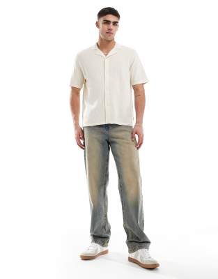 Jj Rebel Revere Collar Button Through Knitted Polo In Neutral