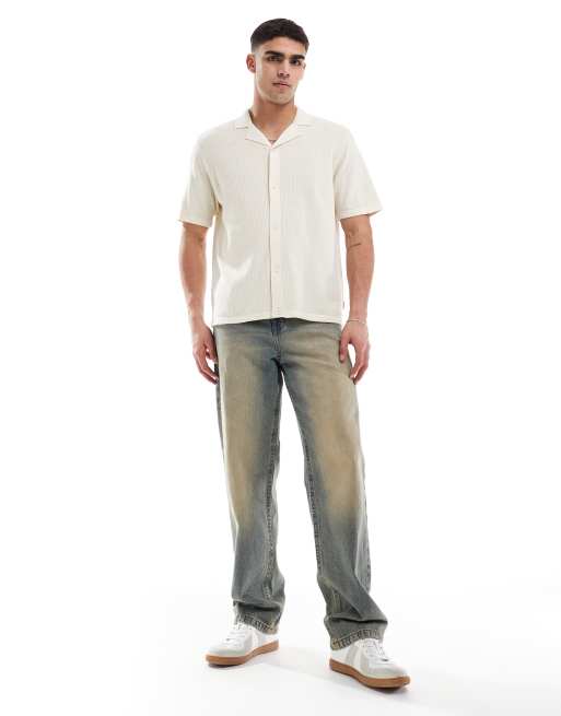 JJ Rebel revere collar button through knitted polo in beige, 2 of 4
