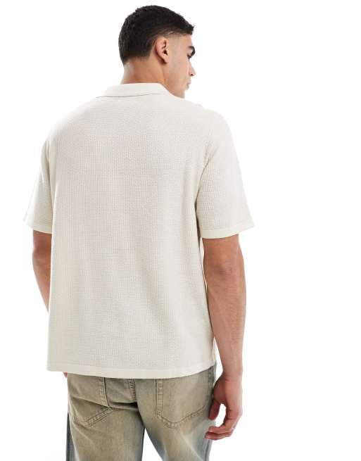 JJ Rebel revere collar button through knitted polo in beige, 4 of 4