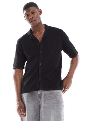 [JJ Rebel] JJ Rebel revere collar button through knitted polo in black XS Black