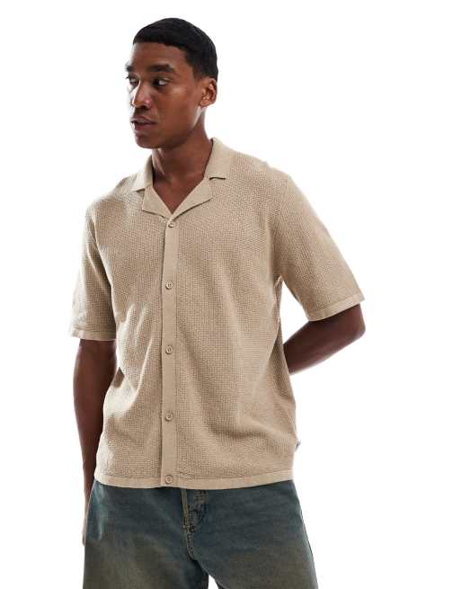 JJ Rebel revere collar knitted texture shirt in cream , 3 of 4