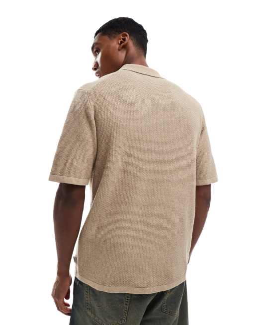 JJ Rebel revere collar knitted texture shirt in cream , 4 of 4