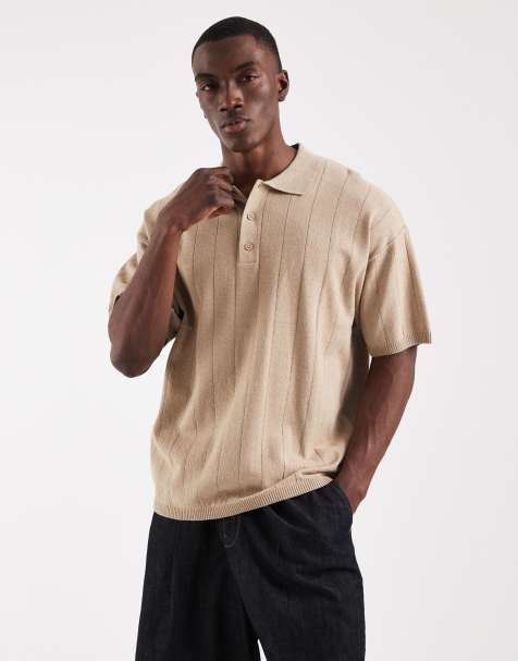 JJ Rebel rib knit polo shirt in beige - view 1