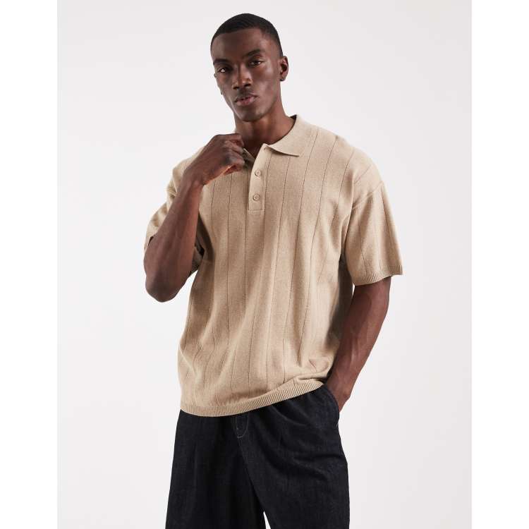 JJ Rebel rib knit polo shirt in beige | ASOS